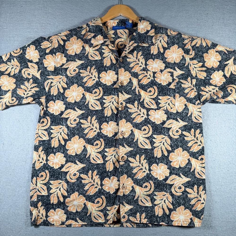 Ocean Pacific Mens Large Hawaiian Shirt Grey Orange Floral Cotton Button Up OP